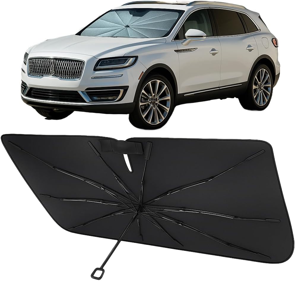 Proadsy Windshield Sun Shade Umbrella for Lincoln Nautilus 2014-2025 Foldable Car Umbrella Sunshade with Soft TPU Handle Spring Structure Crystal Cooling Material Protect Car from Rays & Heat