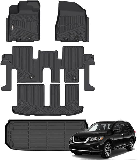 GINOWY-Floor Mats & Cargo Liner for Nissan Pathfinder 2013-2020(7 Passenger), 2014-2020 QX60/ 2013 JX35, Custom Fit TPE All Weather Mats for Pathfinder Car Accessories Black