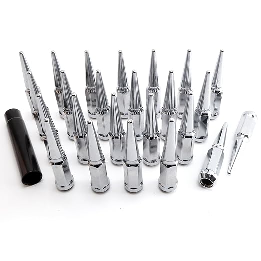 24PCS 14x2 Chrome Cone/Conical Bulge Seat Wheel Spike Lug Nuts with 1 Socket Key Compatible with Expedition 2000-2018, F-150 99-14, Lobo 09-14, Mark LT 05-08, Navigator 2000-2014