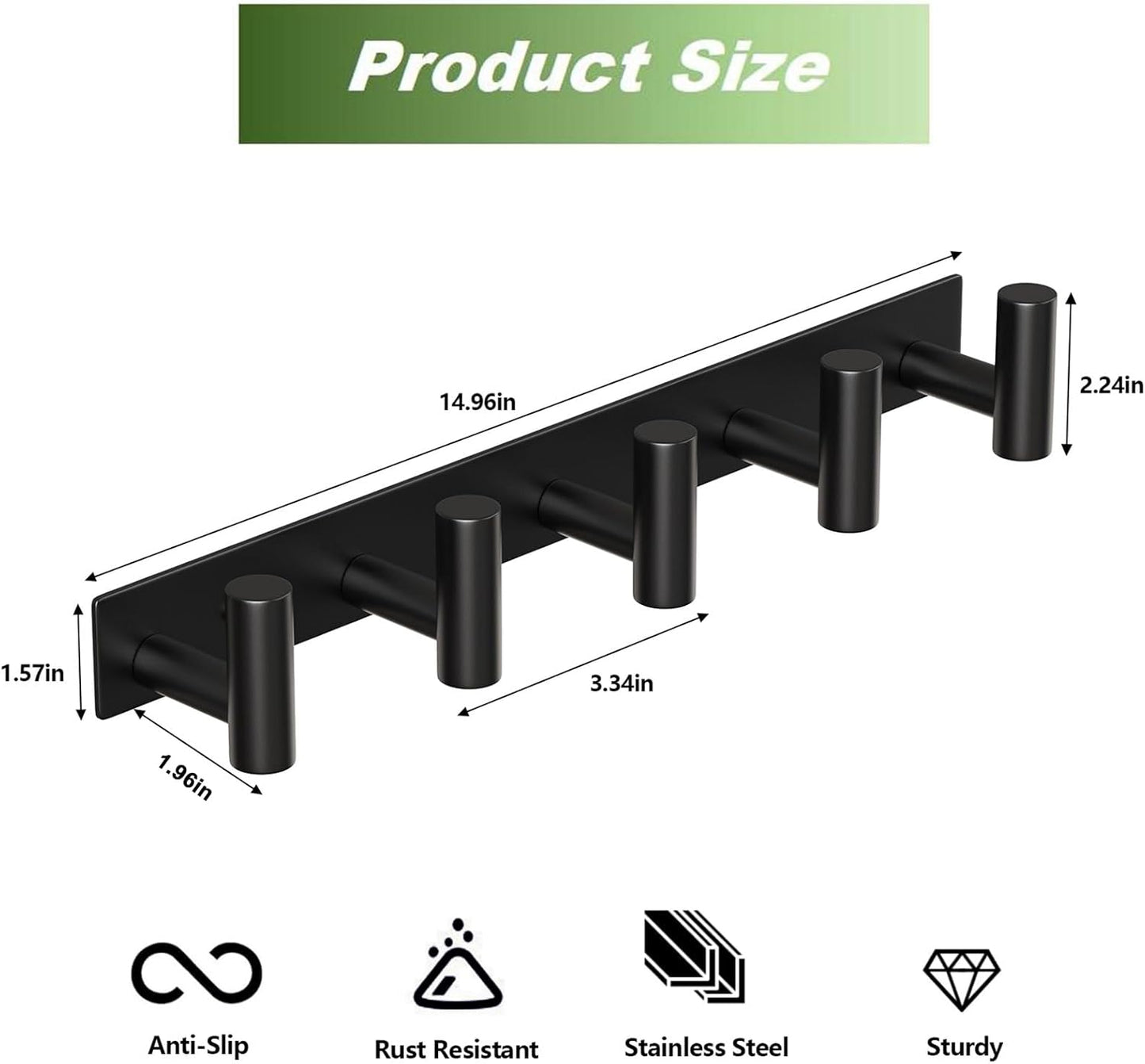 Wall Mounted Coat Rack-5 Hooks, Heavy Duty Stainless Steel Hook Rail for Towel Coat Hat Purse Bag Jacket, Towel Hooks for Entryway Bathroom Kitchen (Black 5 Hooks - 1 Pack)