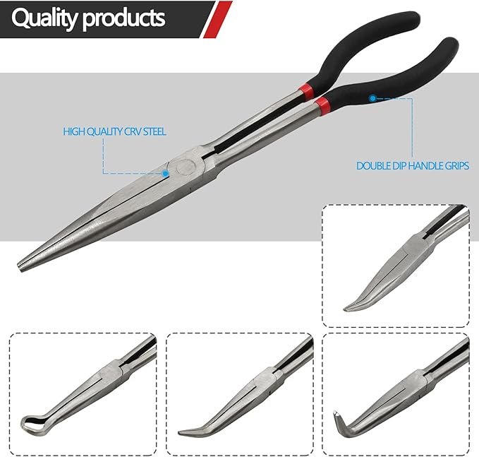 5 Pack 11" Precision Long Nose Pliers Set with Insulated Comfort Grip Handles,Straight Long Needle Nose Pliers, 25/45/90° Curved & Circle for Wire Shaping/Trimming