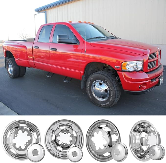 4pcs 17inch Front Rear Polished Stainless Steel Dually Wheel Simulators fit for 2003-2018 Dodge Ram 3500 Truck, 8 Lug with 5 Square Vent Holes Wheel Cover 17R8