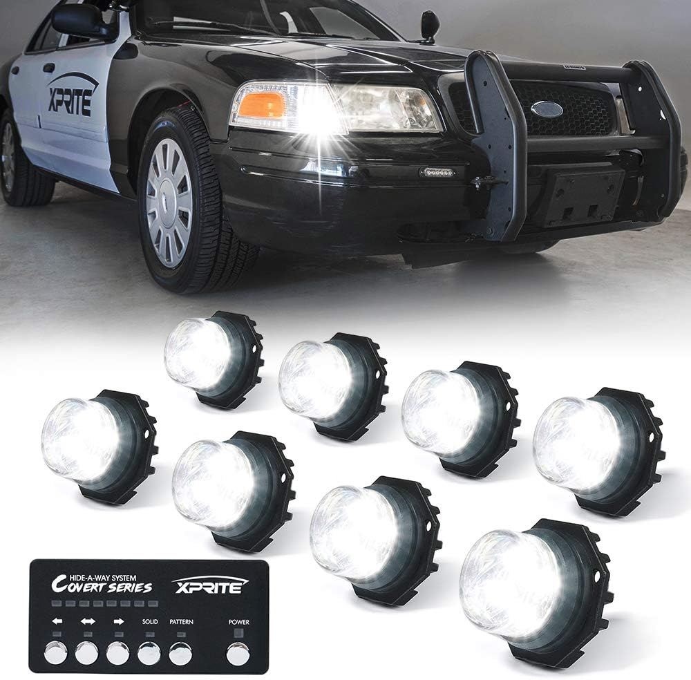 Xprite White LED Hideaway Emergency Strobe Lights Kit, 20 Flashing Modes w/Controller Headlights Taillights Fog Light Mounting, Hazard Warning Caution Light for 12V Vehicles Pickup Trucks Vans 8 PCS