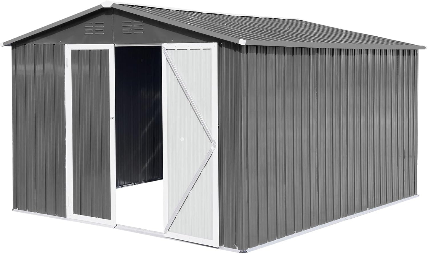 12 x 10 FT Metal Garden Shed, Outdoor Storage Shed with Heavy-Duty Steel Construction, Built-in Punched Vents & Hinged Door, Free Padlock for Secure Backyard, Patio & Garage Storage, Grey