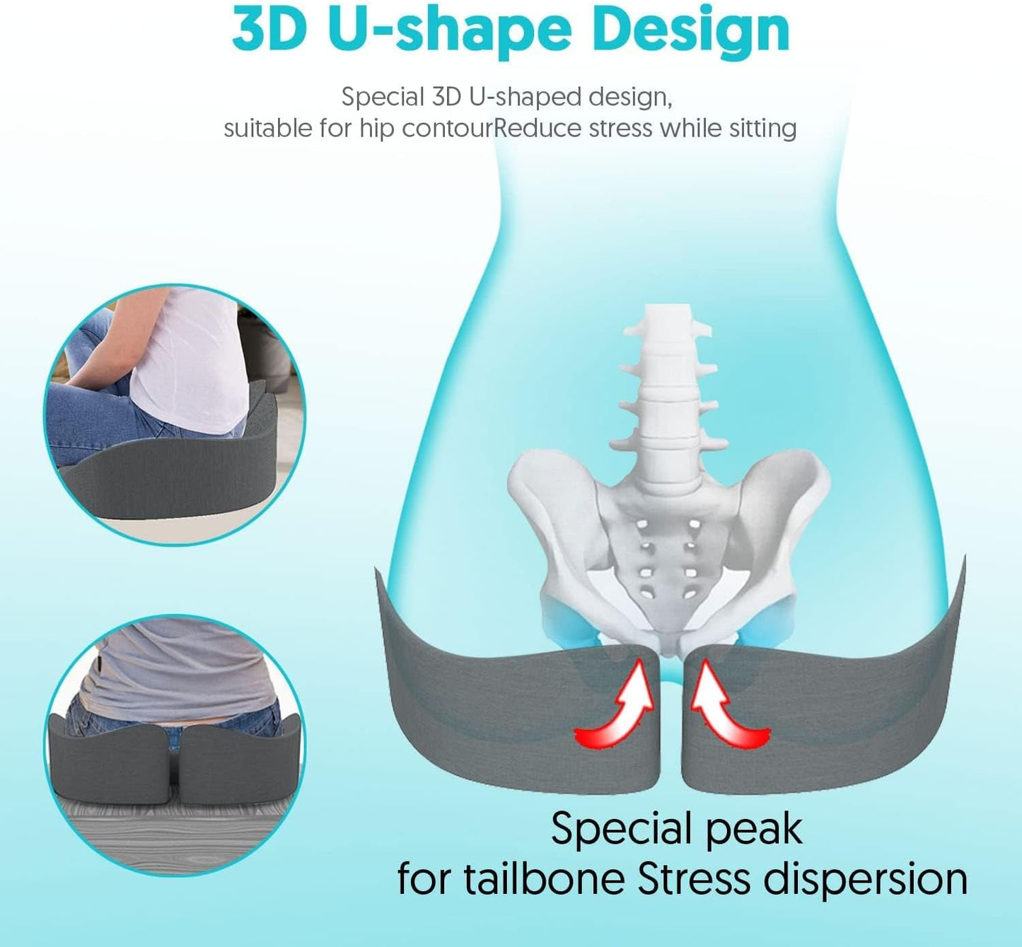 Seat Cushion for Office Chairs - Tailbone & Sciatica & Hip & Coccyx & Low Back Pain Relief Pillow - Memory Foam Pressure Relief Cushion for Long Sitting for Gaming, Compute, Desk Chair, Car Seat