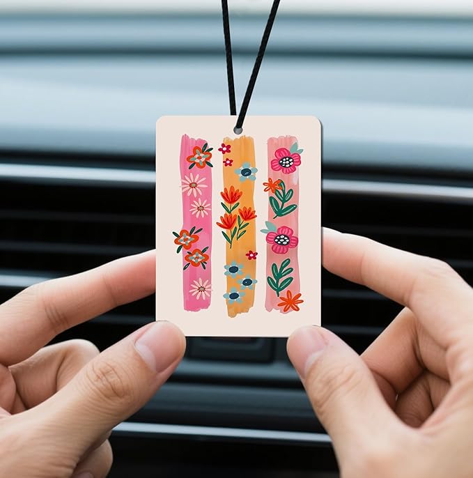 Bluebell scent Boho Floral Car Air Fresheners Natural Non Toxic Air Freshener 4 - Pack Colorful Brushstroke Flower Designs, Ideal Decor & Gift for Nature Lovers, for Car, Closet & Home