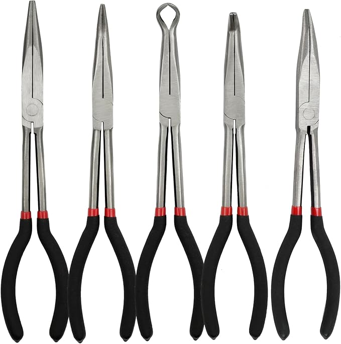 5 Pack 11" Precision Long Nose Pliers Set with Insulated Comfort Grip Handles,Straight Long Needle Nose Pliers, 25/45/90° Curved & Circle for Wire Shaping/Trimming