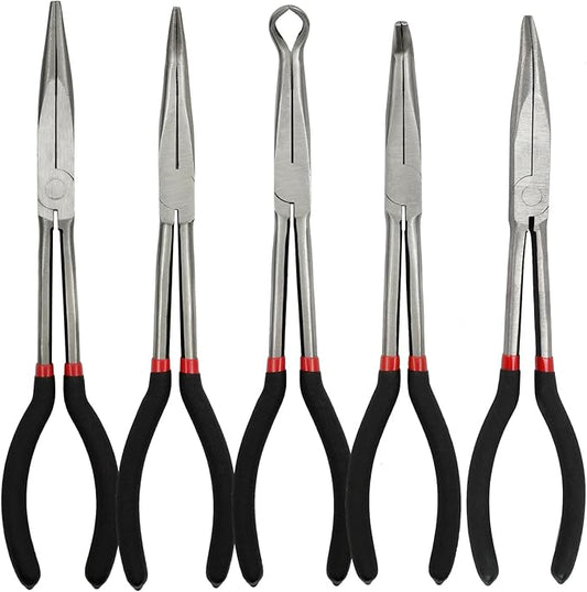 5 Pack 11" Precision Long Nose Pliers Set with Insulated Comfort Grip Handles,Straight Long Needle Nose Pliers, 25/45/90° Curved & Circle for Wire Shaping/Trimming