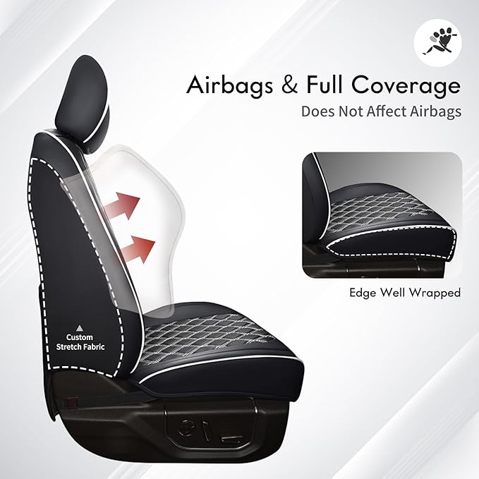 Huidasource F150 Leather Seat Covers Custom Fit for 2015-2025 F150 SuperCrew & 2017-2025 F250 F350 F450 Super Duty Crew Cab XL XLT Lariat King Ranch Platinum(Front Pair/Black&White)