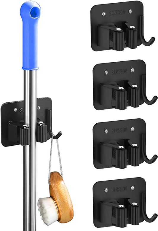 5 Pack Broom Holder Heavy Duty Stainless Steel Broom Hanger with Hooks Screw Drilling Rust Resistant Mop and Broom Holder Wall Mount for Bathroom Kitchen Laundry Room Garage - Black