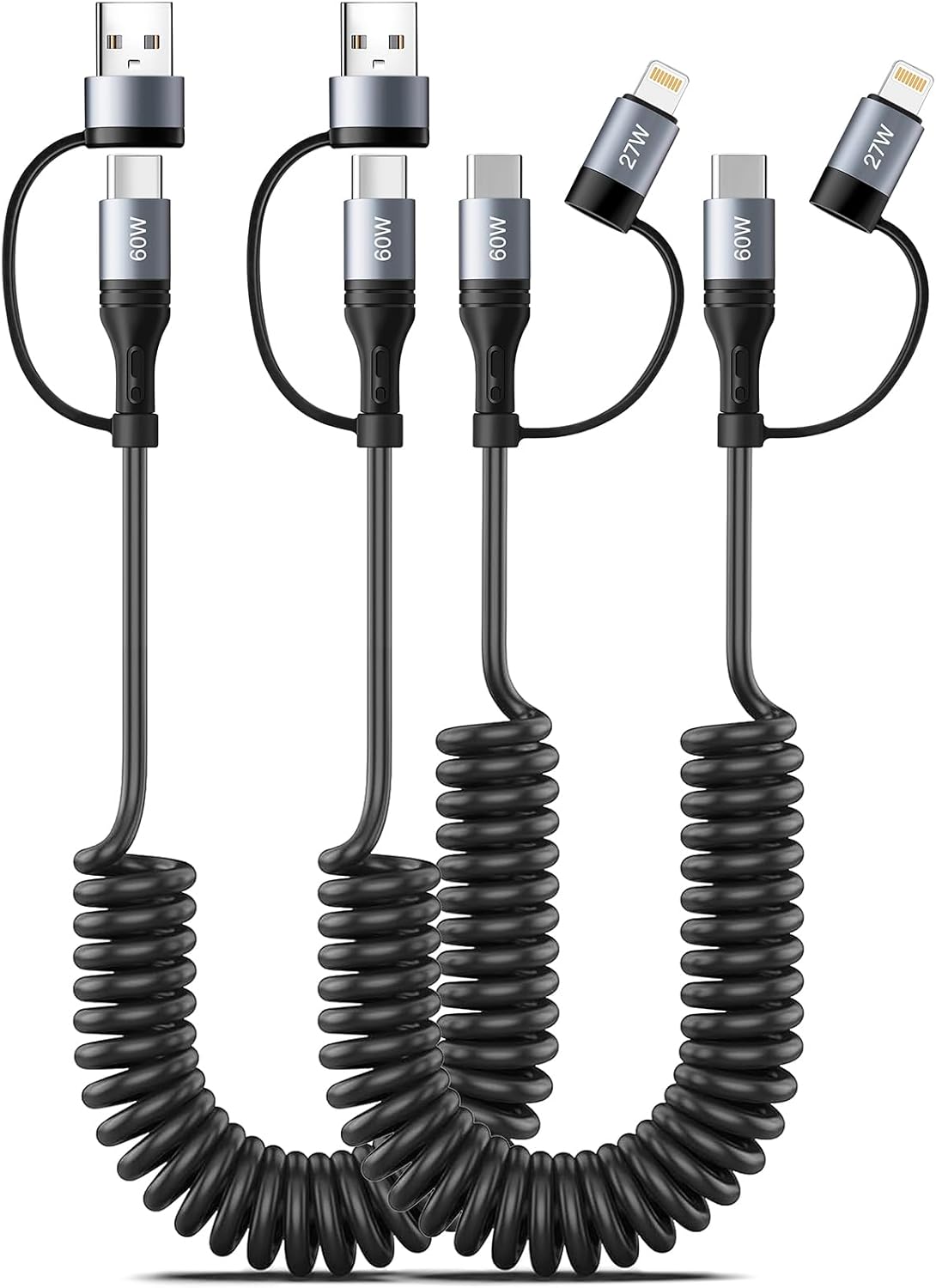 Coiled Lightning Cable [2Pack 4FT] 4 in 1 Multi Charging Cable 60W Fast Charging Retractable Charger Cord for iPhone 15/14/13/12/11 Pro Max/XS MAX/XR/XS/X/8/7/6 Plus/iPad/AirPods/MacBook/CarPlay