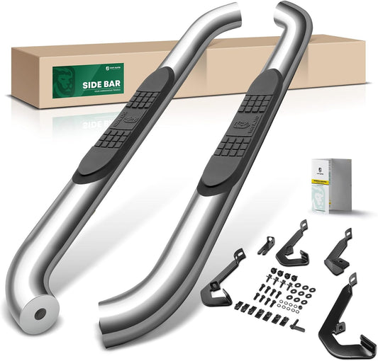 YHTAUTO 3 Inch Running Boards Side Steps Compatible with Chevy Silverado & GMC Sierra 1500/2500 HD/3500 HD, Standard/Regular Cab, Round Stainless Steel Polished Chrome Truck Cab Side Step Rails