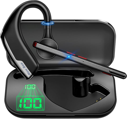 New bee Bluetooth Headset, Wireless Bluetooth Earpiece for Cellphone with 500mah Charging Case 80h Playtime V5.2 Dual Mic Noise Cancelling Hands-Free Earphones for Office Driver