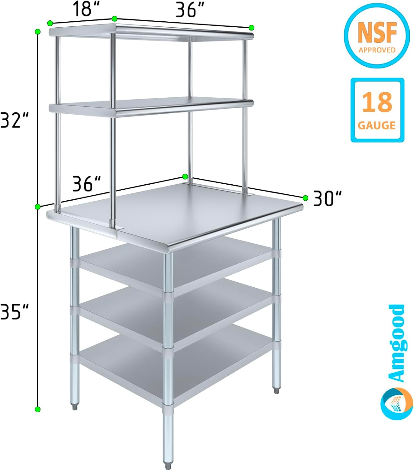Amgood 30" x 36" Stainless Steel Work Table with 3 Shelves and 18" Wide Double Tier Overshelf | Metal Kitchen Prep Table & Shelving Combo | NSF