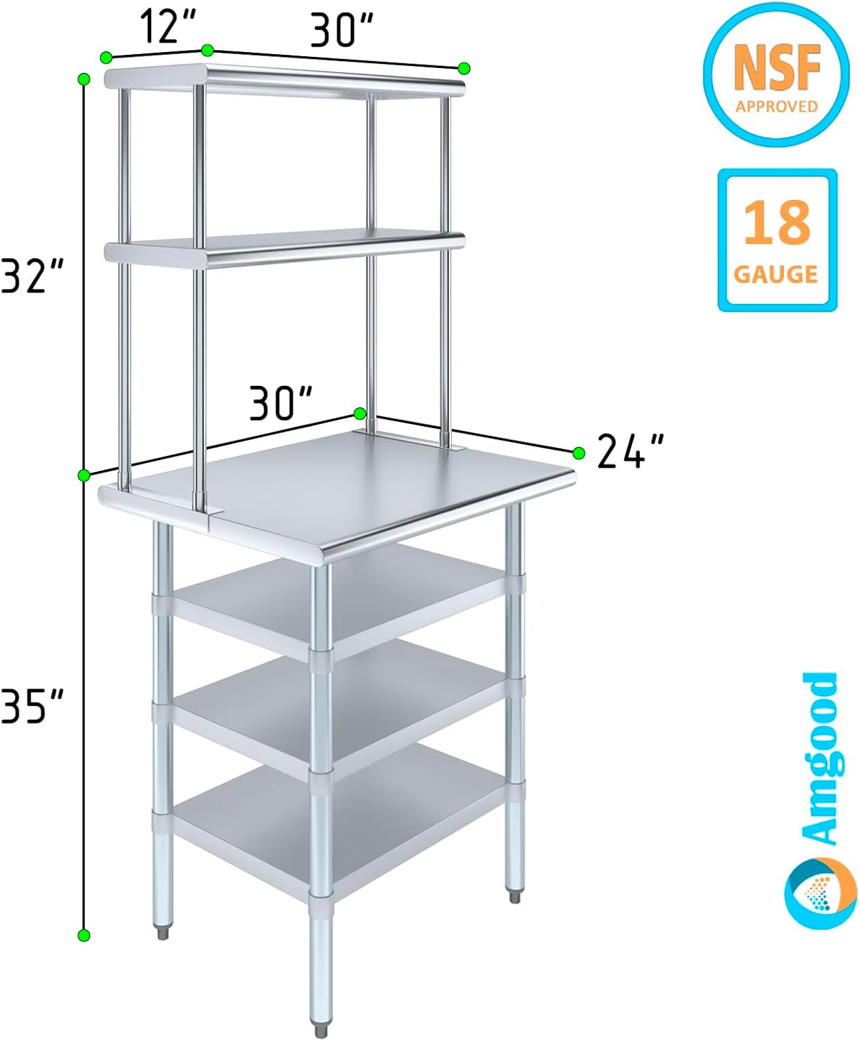 Amgood 24" x 30" Stainless Steel Work Table with 3 Shelves and 12" Wide Double Tier Overshelf | Metal Kitchen Prep Table & Shelving Combo | NSF