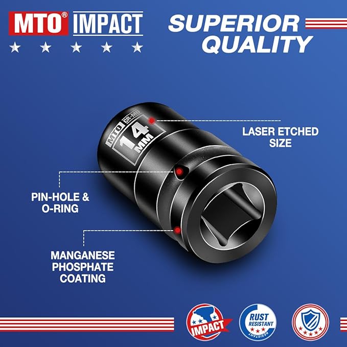 MTO 1/2" Drive 14mm Shallow Impact Socket, 6-Point Metric Socket, CR-MO Steel & Anti-Corrosion Coating for Tight Spaces and Heavy-Duty Tasks