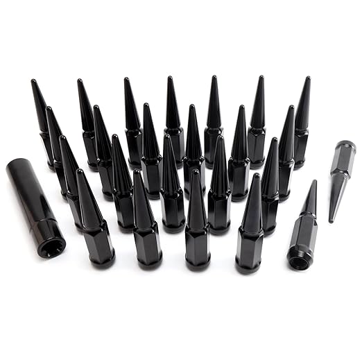 24PCS 14x1.5 Wheel Spike Lug Nuts, Black Spike Lug Nuts M14x1.5 Solid 4.4" Tall Acorn Lug Nut with 1 Socket Key Replacement for Ram 1500 2500 3500, F-150 F-250 F-350, Grand Cherokee