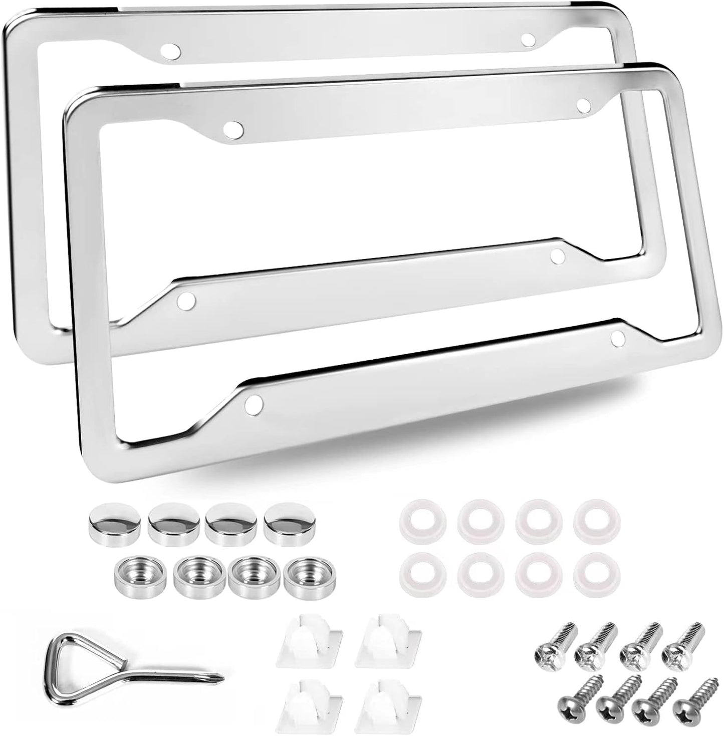 2 Pcs 4 Holes Stainless Steel License Plate Frame，Car License Plate Holder Bracket with Mount Hardware ，Screw， Caps Cover Set Car Accessories