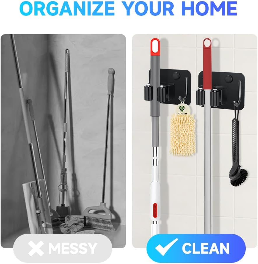 2-Pack Broom Holder with Heavy Duty Hooks, Upgraded Stainless Steel Mop Hanger. Wall Mount Utility Tool Rack for Kitchen Garden Laundry Garage. Matte Black.