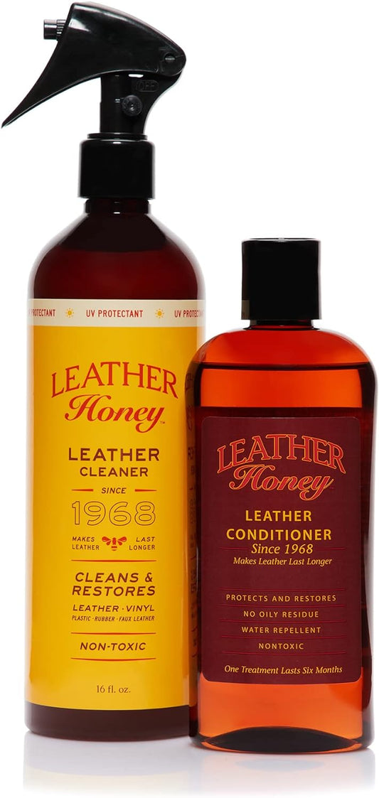 Leather Honey Cleaner and Conditioner Bundle with 16oz Spray Cleaner with UV Protectant and 8oz Conditioner