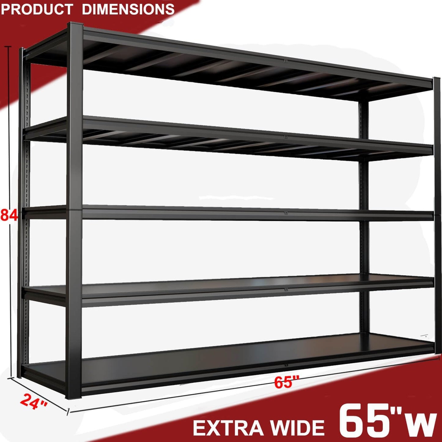 65" W Garage Shelving Heavy Duty, Adjustable 5 Tier Metal Shelves, Commercial Metal Shelf Rack, Industrial Shelving