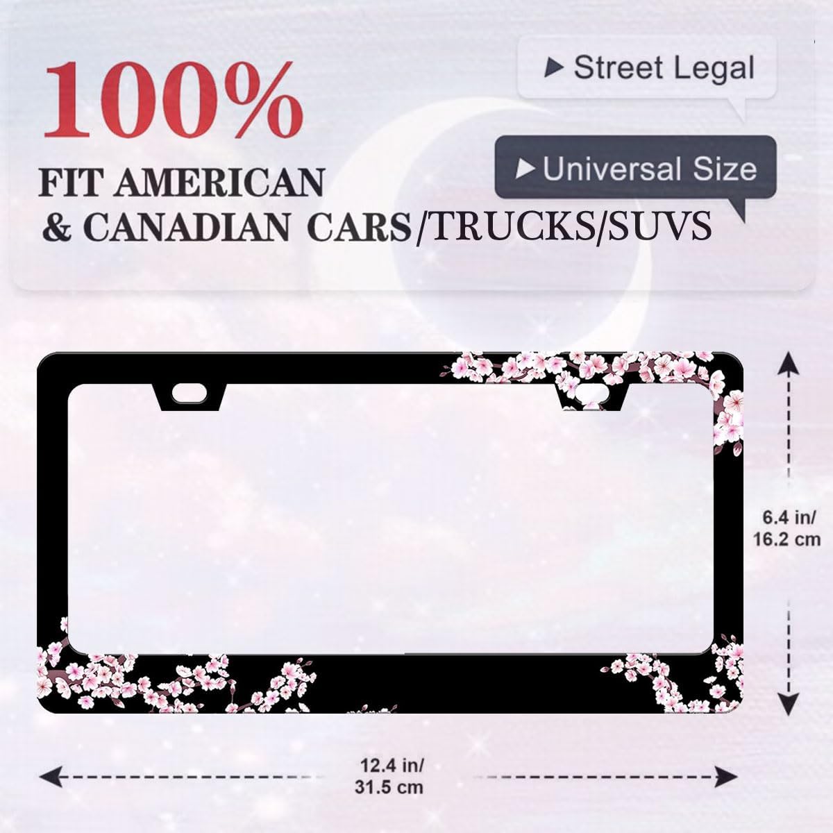 Cherry Blossom License Plate Frame-2 PCS Cherry Floral Flowers License Plate Holder Cover Car Universal Accessories Aluminum Car Tag Frames Fits Standard US Vehicles Size