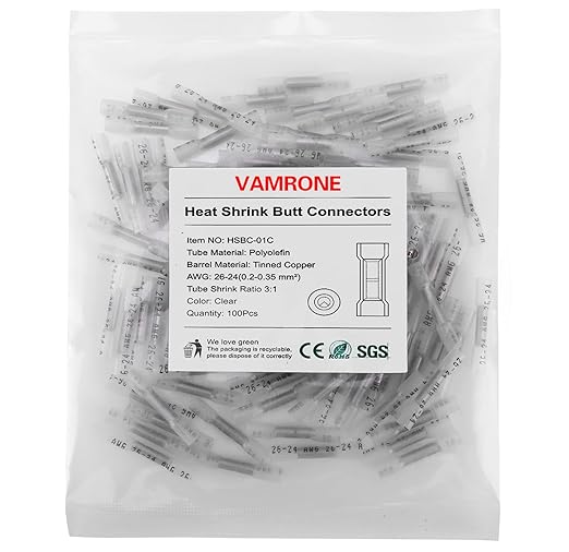 Heat Shrink Butt Wire Connectors, 100Pcs 26-24 AWG Clear Insulated Waterproof Electrical Wire Connectors Automotive Marine Grade Wire Crimp Terminals Butt Splices, Ideal for Boat, Truck, Stereo Clear