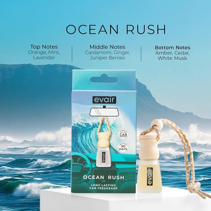 Evair Ocean Rush Scent For Car Air Freshener | Hanging Air Fresheners with Wooden Diffuser, Best Air Freshener with Long Lasting Fragrance from Essential Oil