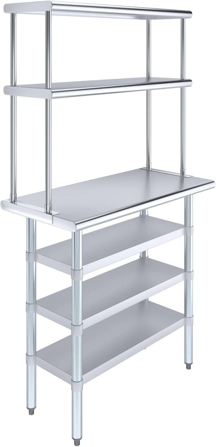 Amgood 18" x 36" Stainless Steel Work Table with 3 Shelves and 12" Wide Double Tier Overshelf | Metal Kitchen Prep Table & Shelving Combo | NSF