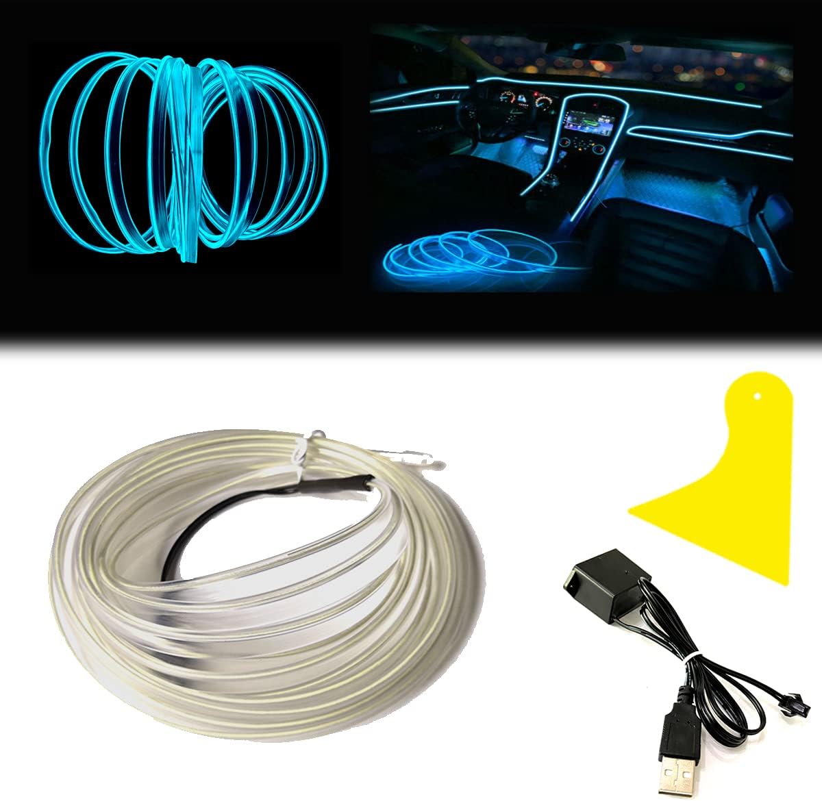 El Wire Ice Blue Interior Car LED Strip Lights, 5M Neon Wire USB 5V with Fuse Protection for Automotive Interior Decoration, with 6mm Sewing Edge