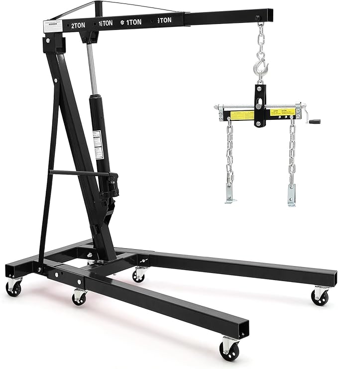 2 Ton Folding Hydraulic Engine Hoist with Load Leveler 4400 LBS Capacity Heavy Duty Cherry Picker 6 Swivel Wheels&Hydraulic Pump Adjustable Boom (0.5T-2T) for Garage Workshop Warehouse Black