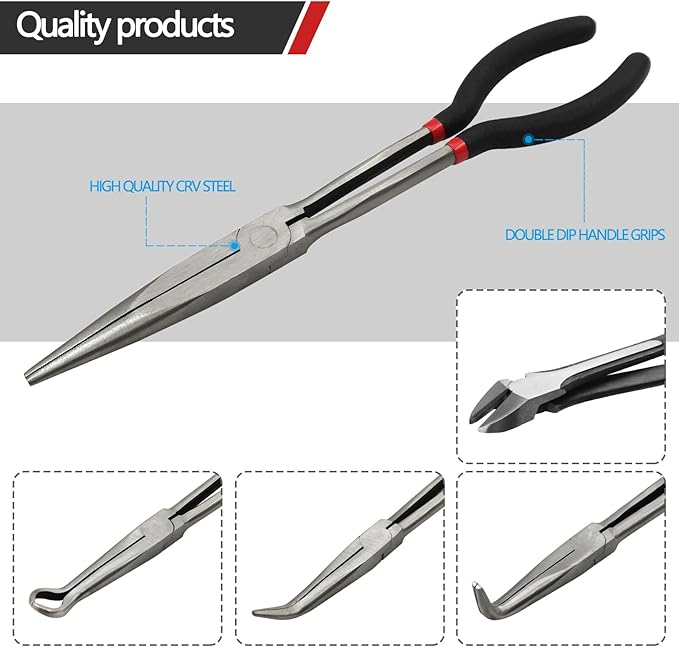 5-Piece 11" Extra Long Needle Nose Pliers Set with Insulated Comfort Grip, Straight Long Reach Plier, 45/90°Bent Nose Pliers,O-shaped nose plier,Diagonal Plier for Bending Shaping Trimming
