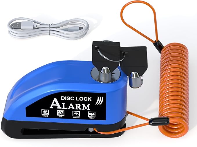 Motorcycle Lock Rechargeable, Alarm Disc Brake Lock with Reminder Cable, 110 dB Alarm Sound, Anti-Theft Waterproof, 2 H Fast-Charging, 9 Months Standby, 7 mm Lock Pin Universal for Bikes