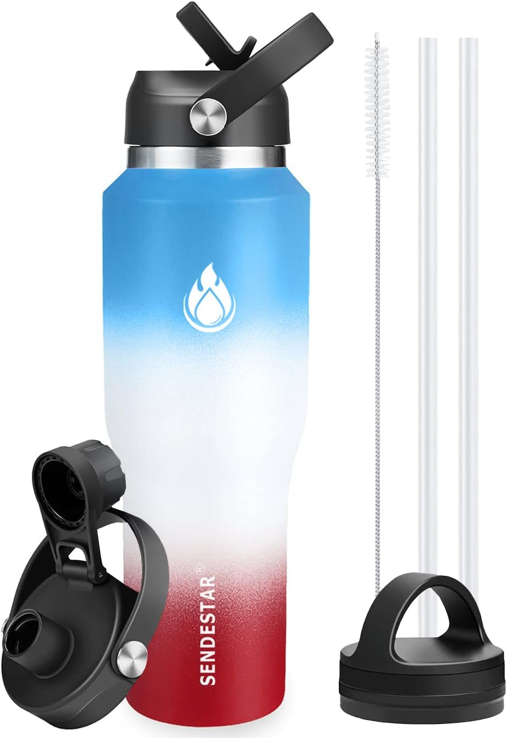 SENDESTAR 40oz Water Bottle Wide Mouth Stainless Steel Vacuum Insulated Double Wall with 2 Straw Lids Fit in Any Car Cup Holder
