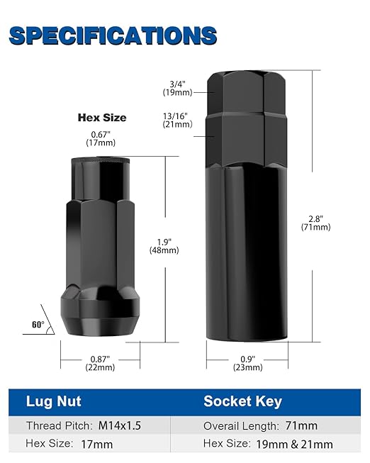 GAsupply M14x1.5 Extended Open End Lug Nuts Black, 1.9" 48mm Tall, 17mm Hex, Conical Seat 60 Degree, 20 Pack+1 Lug Nut Lock Key Socket