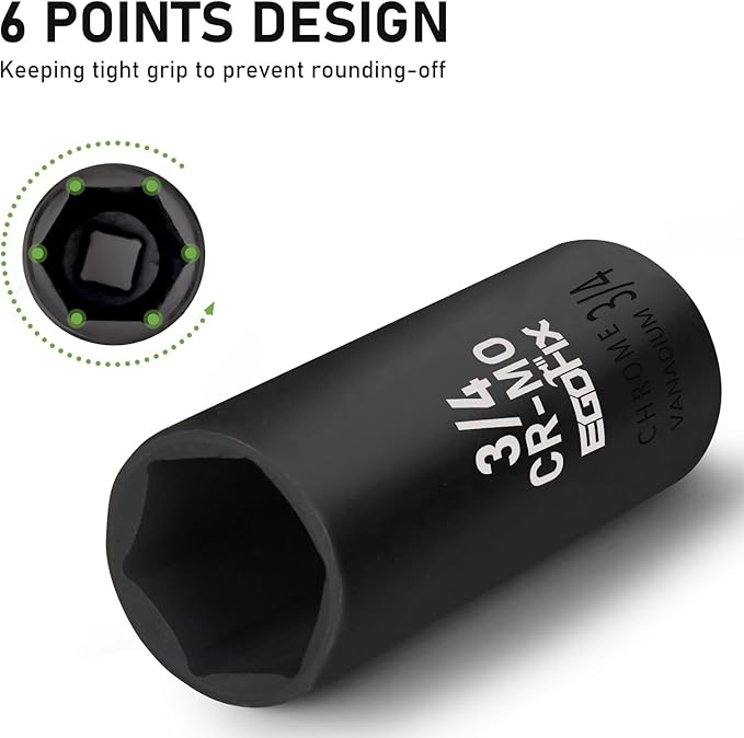 1/2" Drive Deep Impact Socket, 3/4 Inch SAE Socket, CR-MO 6 Point for Easy Removal of Axle Nut