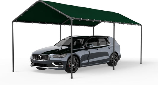 Carport, 10‘ x 20’ Heavy Duty Portable Garage All-Season Car Canopy w/Removable Sidewall & Doors, Carport Canopy Party Tent w/Water-Resistant Tarp for Backyard (Green, 10' x 20' /no Side)