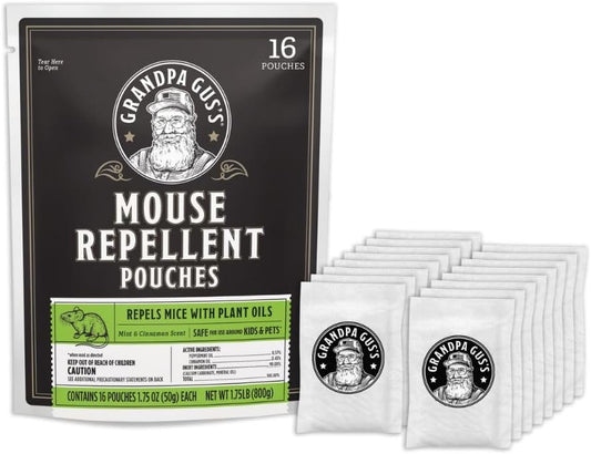 Grandpa Gus's Natural Mouse Repellent Pouches, Cinnamon/Peppermint Oils Repel Mice from Nesting in Home/Cabin/Boat/Car Storage/RV/Machinery/Shed (16 Pouches)