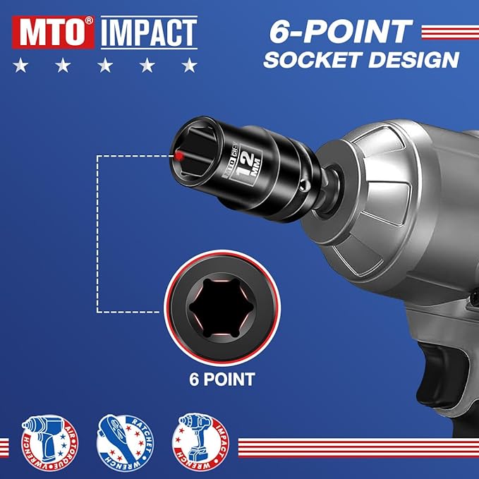 MTO 1/2" Drive 12mm Shallow Impact Socket, 6-Point Metric Socket for Automotive Maintaince, CR-V Steel Meets ANSI Standards