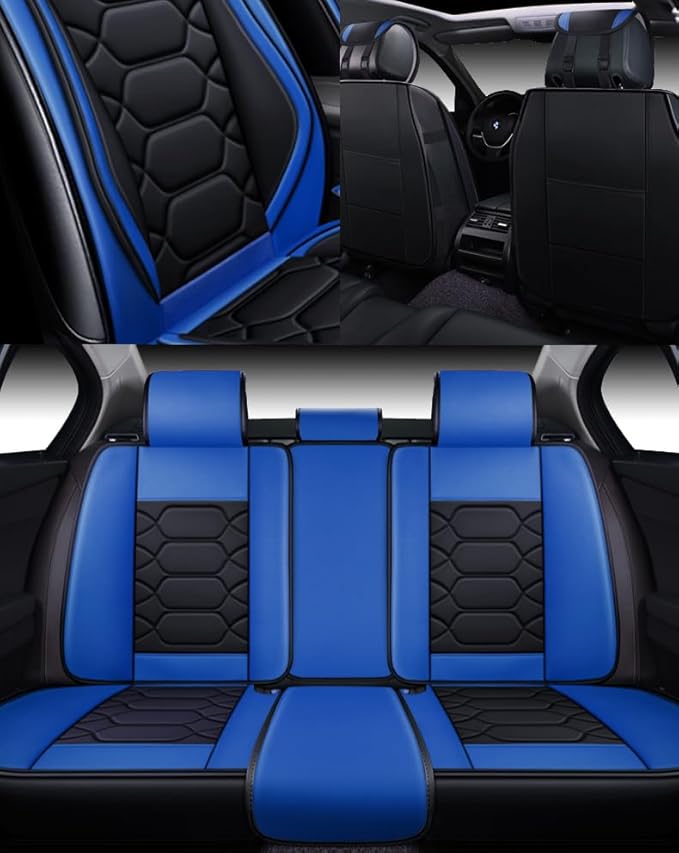 OASIS AUTO Car Seat Covers Full Set Premium Waterproof Faux Leather Cushion Universal Accessories Fit SUV Truck Sedan Automotive Vehicle Auto Interior Protector (OS-004 Black&Blue)