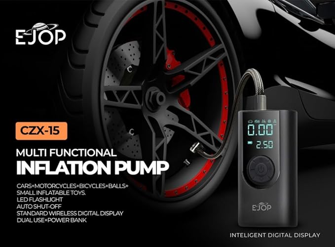 EJOP 150PSI Tire Inflator Portable Air Compressor, Air Pump for Car Tires with Digital Pressure Gauge, Cordless Pump for Car Motorcycle Bicycle Ball, LED Light, Auto Shut-Off,Dual Display,12V Adapter