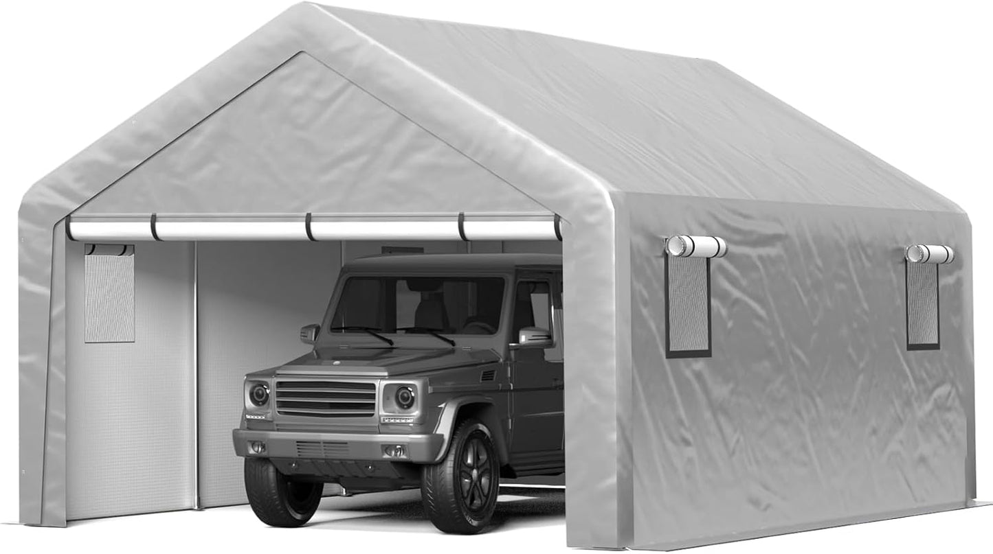 Carport 13x21ft Heavy Duty Large Outdoor Storage Shed with Roll-up Windows, Portable Garage w/Removable Sidewalls & Doors, Car Canopy Tent w/Sandbags & Tarp for Car Boat Truck