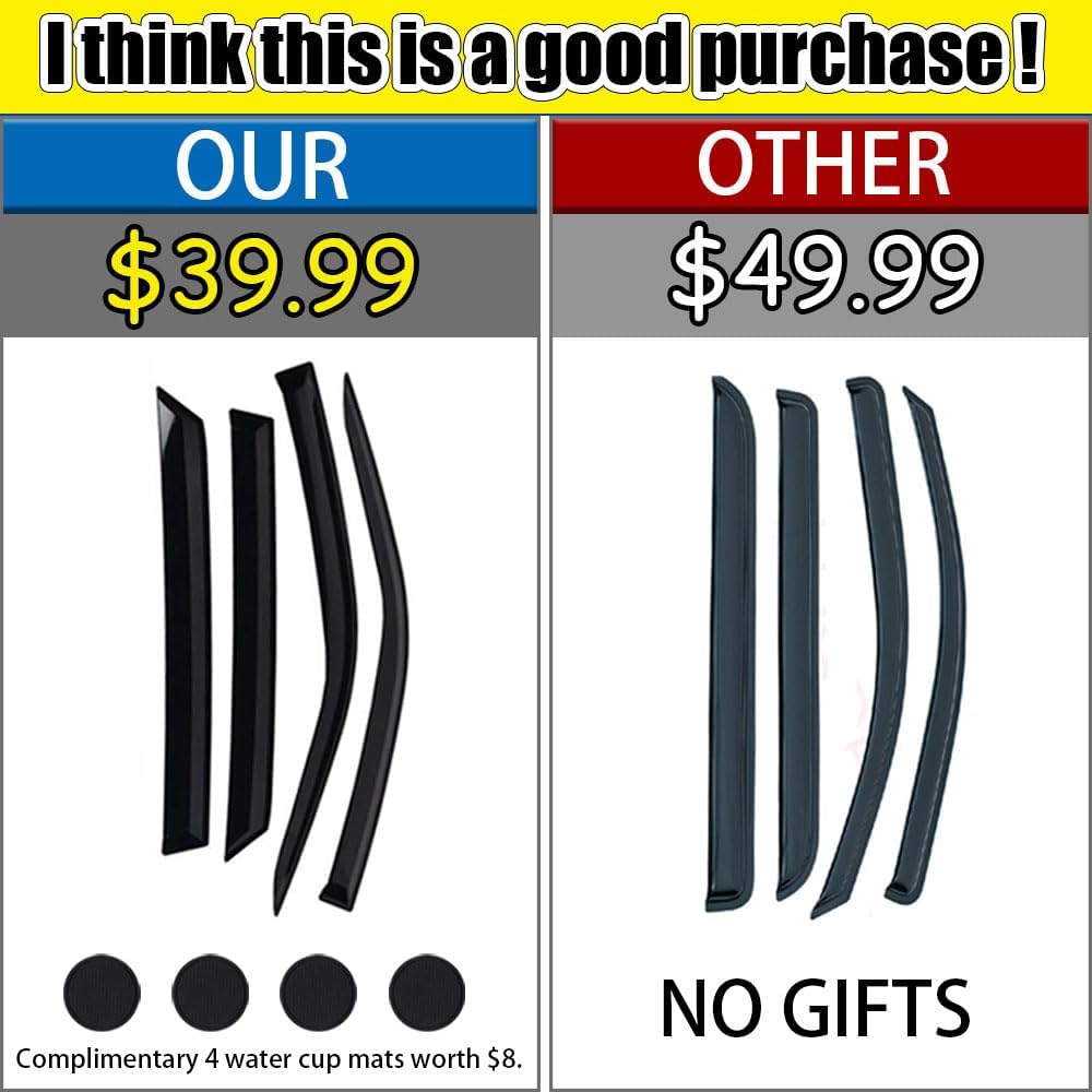 Rain Guards for Fusion 2013-2020, Tape-on Side Window Deflectors for Fusion, Window Visors for Ford Cars, for Ford Car Accessories 4 Rain Guards ＆ 4 Car Coasters