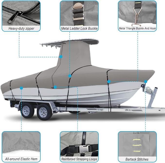 900D Marine Grade Fade and Tear Resistant Trailerable T-Top Boat Cover, Heavy-Duty Waterproof and UV-Proof T TOP Boat Storage Cover with Windproof Metal Buckle Straps Fit 24ft-26ft Long(Gray)