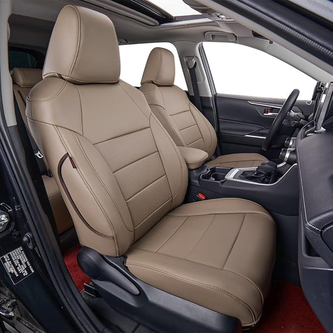 EKR Rav4 Seat Covers Custom Fit for Toyota Rav4 2019 2020 2021 2022 2023 2024 2025 LE,XLE,XLE Premium,Limited, Leather Truck Seat Cover Full Set for SUV,Faux Leather(Sand Beige)