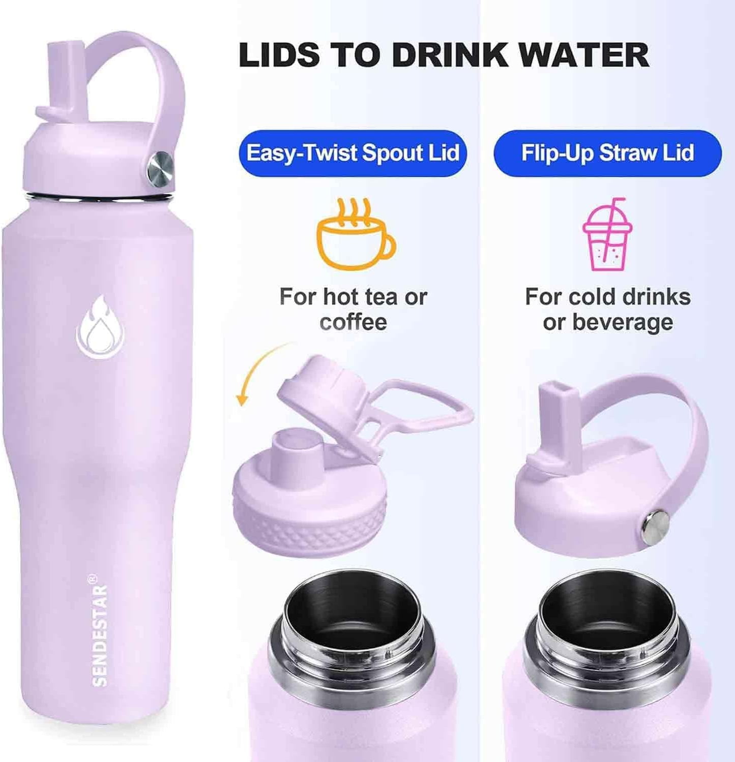 SENDESTAR 32oz Water Bottle Wide Mouth Stainless Steel Vacuum Insulated Double Wall with 2 Straw Lids Fit in Any Car Cup Holder TXIN-32-LV-1