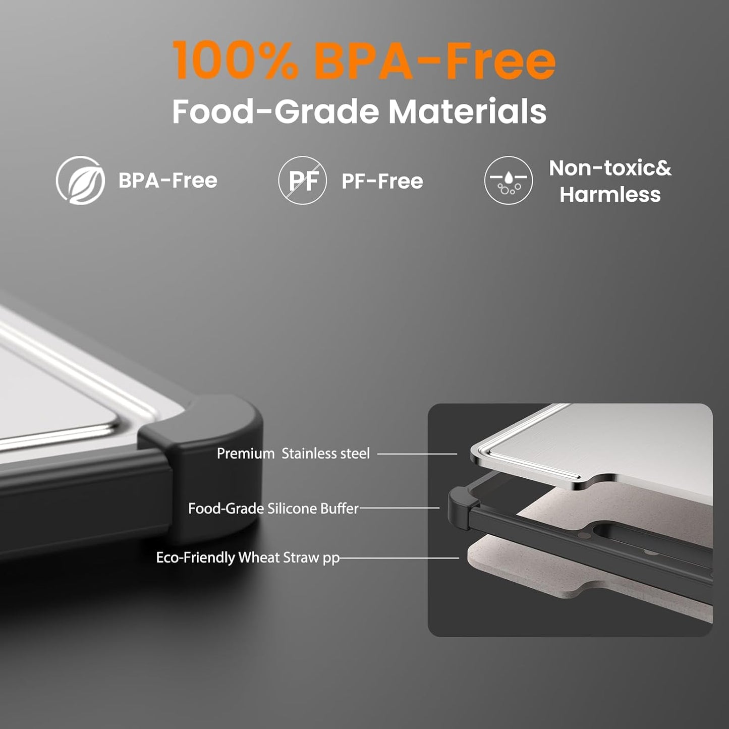 Premium 316 Stainless Steel Cutting Board for Kitchen Extra Large 16.9" x 11.8" Best Non-Toxic Chopping Board for Meat Food-Grade Metal & Eco-Friendly Wheat Straw Dual-Sided Healthy Kitchen Essential