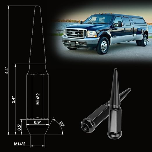 32PCS 14x2 Wheel Spike Lug Nuts, Black Spike Lug Nuts M14x2 Solid 4.4" Tall Acorn Lug Nut with 1 Socket Key Replacement for Excursion, F150 Heritage, F-350, Mark LT