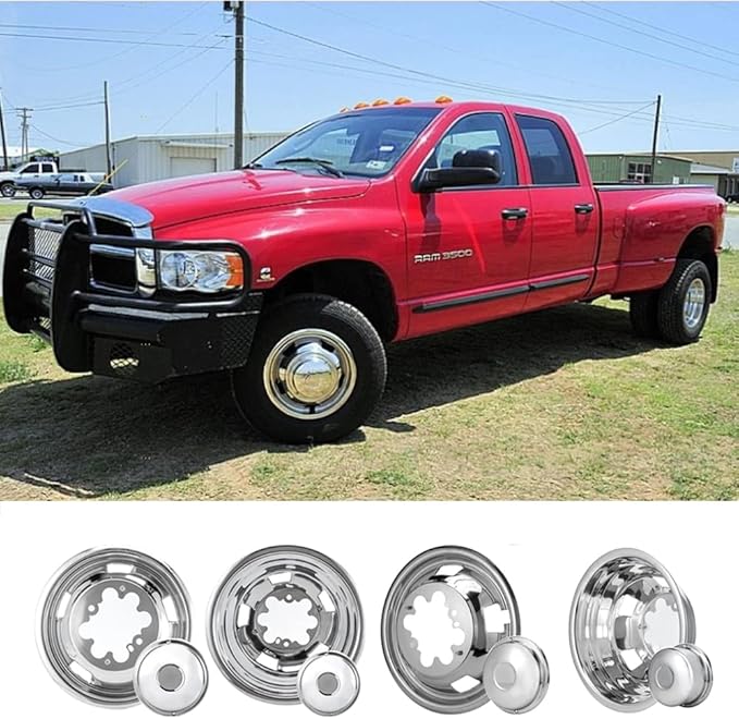 4pcs 17inch Front Rear Polished Stainless Steel Dually Wheel Simulators fit for 2003-2018 Dodge Ram 3500 Truck, 8 Lug with 5 Square Vent Holes Wheel Cover 17R8