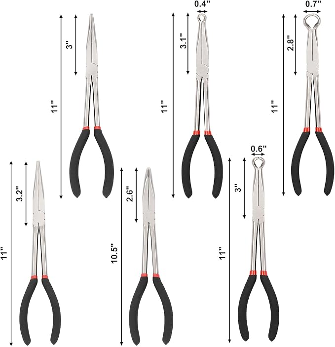 Mayouko 6PCS Extra Long Reach Pliers Set, 11" Straight, 45 and 90 Bent Nose, 5/16", 1/2" and 3/4" Circle Nose Pliers